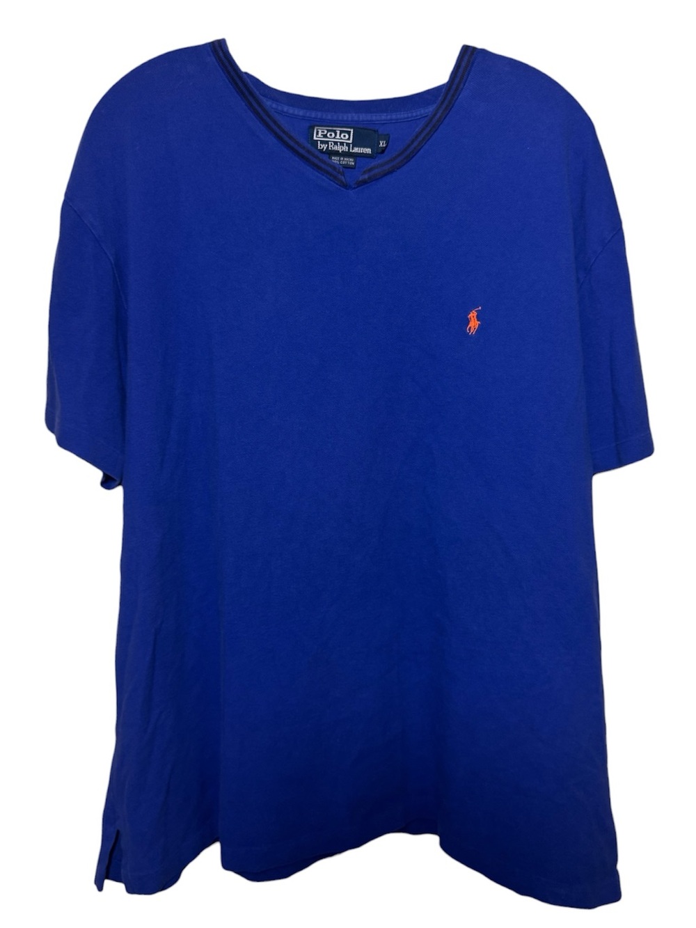 Ralph Lauren Short Sleeve V-Neck Tee in Royal Blue with Orange Pony